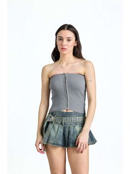 Bonkers Corner - Misty Grey Zip Knit Tube Top for Women