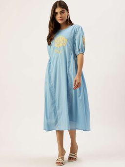 STUDIO MISRI - Powder Blue Floral Embroidered A-Line Midi Dress
