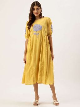 STUDIO MISRI - Yellow Floral Embroidered A-Line Midi Dress