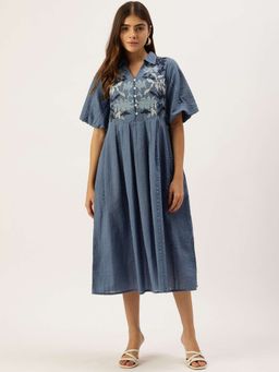 STUDIO MISRI - Women's Blue Embroidered Midi Dress