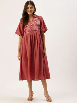 STUDIO MISRI - Women's Maroon Embroidered Midi Dress