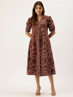 STUDIO MISRI - Women's Brown Printed Flared Midi Dress
