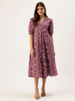 STUDIO MISRI - Women's Mauve Printed Flared Midi Dress