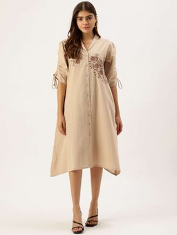 STUDIO MISRI - Women's Beige Embroidered Shirt Midi Dress