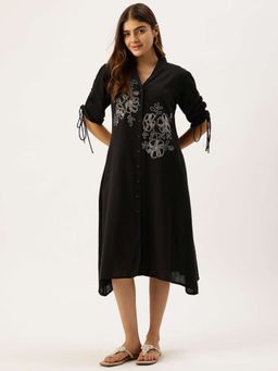 STUDIO MISRI - Black Embroidered Midi Shirt Dress for Women
