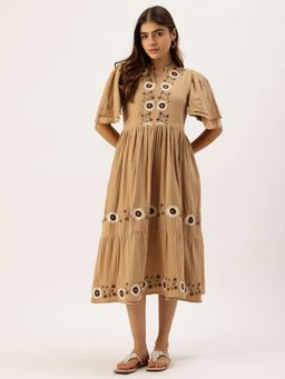 STUDIO MISRI - Beige Embroidered Flared Midi Dress for Women