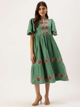STUDIO MISRI - Green Embroidered Flared Midi Dress for Women