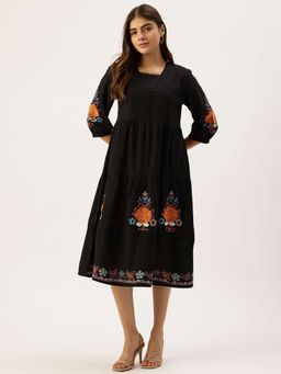 STUDIO MISRI - Women's Black Embroidered Flared Midi Dress