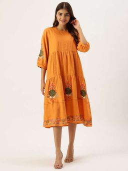 STUDIO MISRI - Women's Orange Embroidered Flared Midi Dress