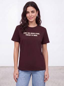 R&B - Brown Crew Neck Typographic Print T-Shirt