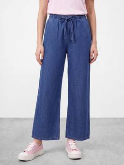 R&B - Women Pure Cotton Mid Blue Wide Leg Drawstring Closure Jeans