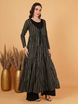 COTLAND FASHION - Fine Cotton Printed Tie Up Black Shrug