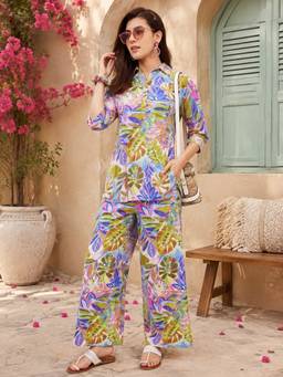 WineRed - Women Multicolor Botanical Printed Co-ord Set