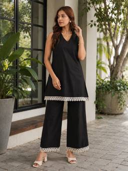 WineRed - Women Black Cotton Poplin Lace Detailed Co-ord Set