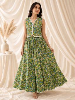 WineRed - Women Olive Floral Printed Waistcoat Co-ord Set