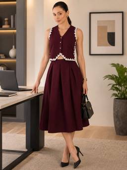 WineRed - Women Burgundy Vest and Skirt Co-ord Set