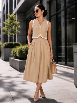 WineRed - Women Beige Vest and Skirt Co-ord Set