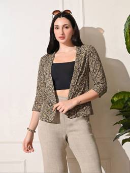 DECKEDUP - Mustard Women Ajrak Coin Shrug