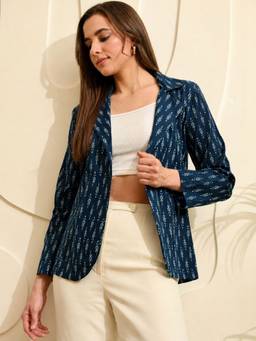 DECKEDUP - Navy Blue Women Ikat Blazer