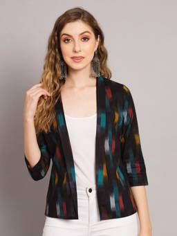 DECKEDUP - Women Black Textured Print Kantha Cotton Regular Shrug