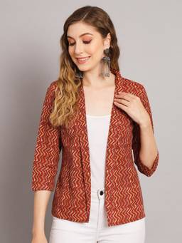DECKEDUP - Women Maroon Chevron Print Cotton Regular Shrug