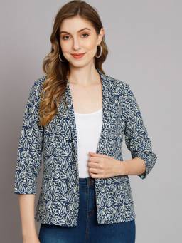 DECKEDUP - Women Indigo Ethnic Motif Kantha Print Cotton Regular shrug