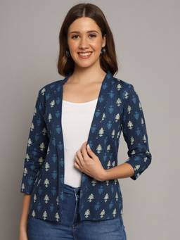 DECKEDUP - Women Blue Cotton Printed Shrug