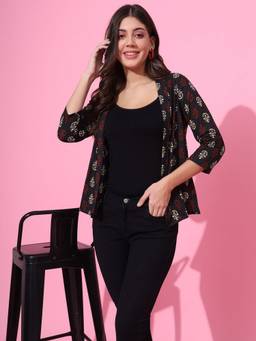 DECKEDUP - Black Women Ethnic Motifs Printed Cotton Shrug