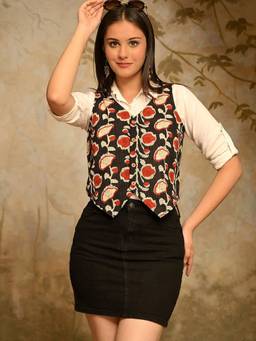 DECKEDUP - Black Womens Printed Waistcoat