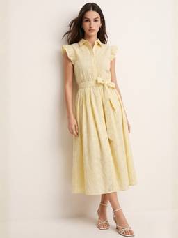 Outzidr - Yellow A-Line Schilli Shirt Flutter Sleeves Dress with Belt