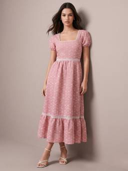 Outzidr - Pink Flared Midi Schiffli Lace Details Dress