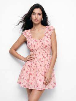 Outzidr - Pink Smocked Waist Floral Ditsy Printed Sleeveless Dress