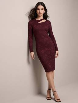 Outzidr - Wine Textured Bodycon Neck Cut Out Detail Dress