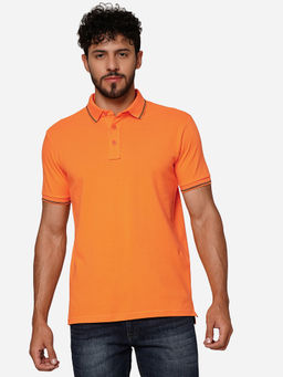JadeBlue - Men Orange Cotton Slim Solid Polo T-shirt