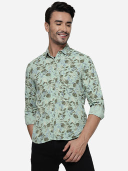 Greenfibre - Men Green Cotton Slim Printed Casual Shirt