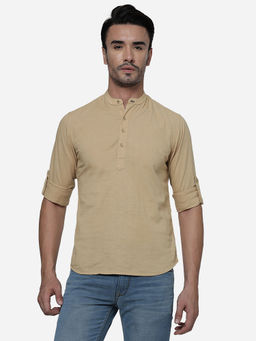 Greenfibre - Men Beige Cotton Slim Solid Casual Shirt