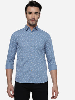 JadeBlue - Men Blue Cotton Slim Floral Casual Shirt