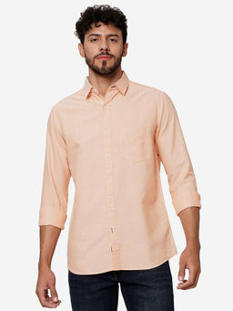 JadeBlue - Men Peach Cotton Slim Solid Casual Shirt