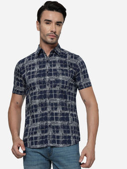 JadeBlue - Men Navy Blue Cotton Slim Casual Shirt
