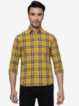 Greenfibre - Men Yellow Cotton Slim Checks Casual Shirt