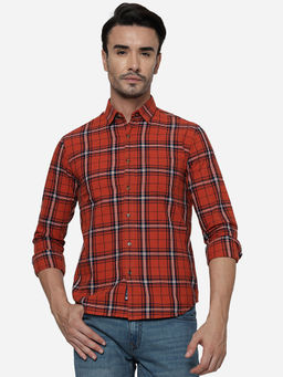 Greenfibre - Men Orange Cotton Slim Checks Casual Shirt