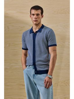 Snitch - Men Navy Blue Textured Half Sleeves Slim Casual Shirt