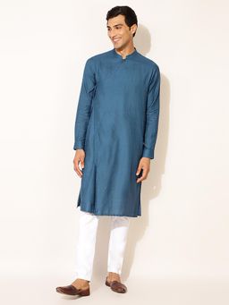 Fabindia - Blue Viscose Blend Checks Slim Fit Long Kurta