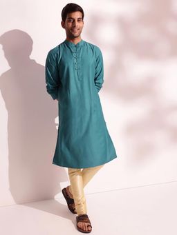 Fabindia - Teal Viscose Silk Slim Fit Long Kurta