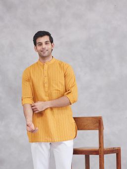 Fabindia - Mustard Cotton Dobby Slim Fit Short Kurta
