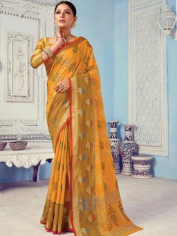 Odette - Womens Mustard Cotton Woven Design Saree with Unstitched Blouse