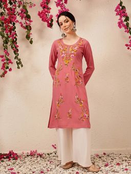 QAZMI - Peach Women's Sahar Kashmiri Aari Work Straight Kurta