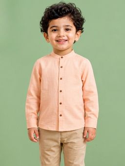 Campana - Boys Cotton Solid Mandarin Collar Shirt - Light Pink