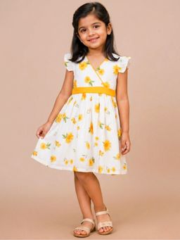 Campana - Girls Ruby Crossover Cotton Dress - Sunflowers Print - White & Yellow