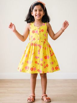 Campana - Girls Yellow Cotton Floral Dress
